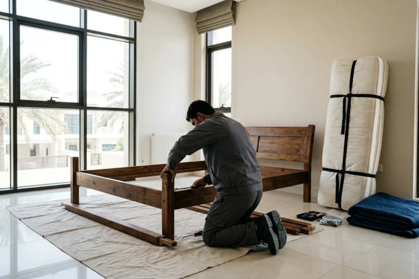 Crew member dismantling an old wooden bed frame in a Dubai villa bedroom before removal