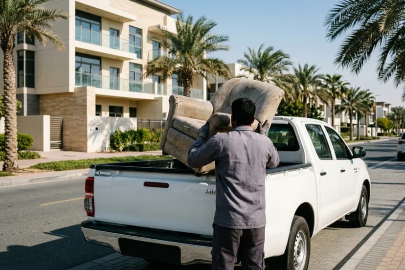 Crew member loading an old armchair into a white pickup truck outside a Dubai apartment building