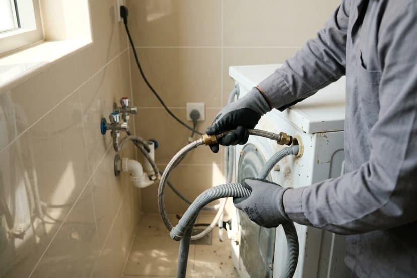 Gloved hands disconnecting the hoses of an old washing machine in a Dubai apartment before appliance removal