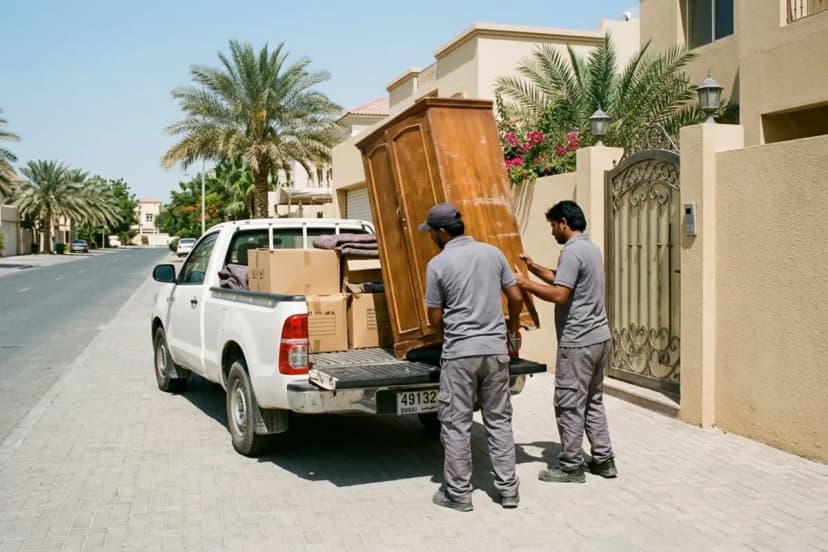 Crew loading an old wooden wardrobe and boxes onto a pickup truck outside a sand-coloured villa in Dubai
